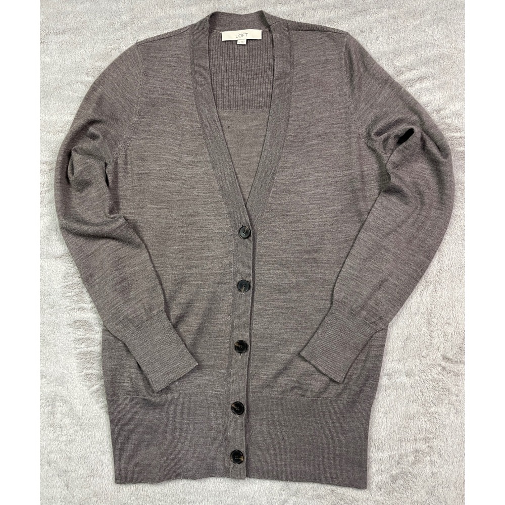 Loft Cardigan Sweater Womens Medium Brown Wool Blend V-Neck Ribbed Excellent